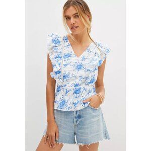 Anthropologie Forever That Girl Blue & White Floral Ruffle Tank Size 8